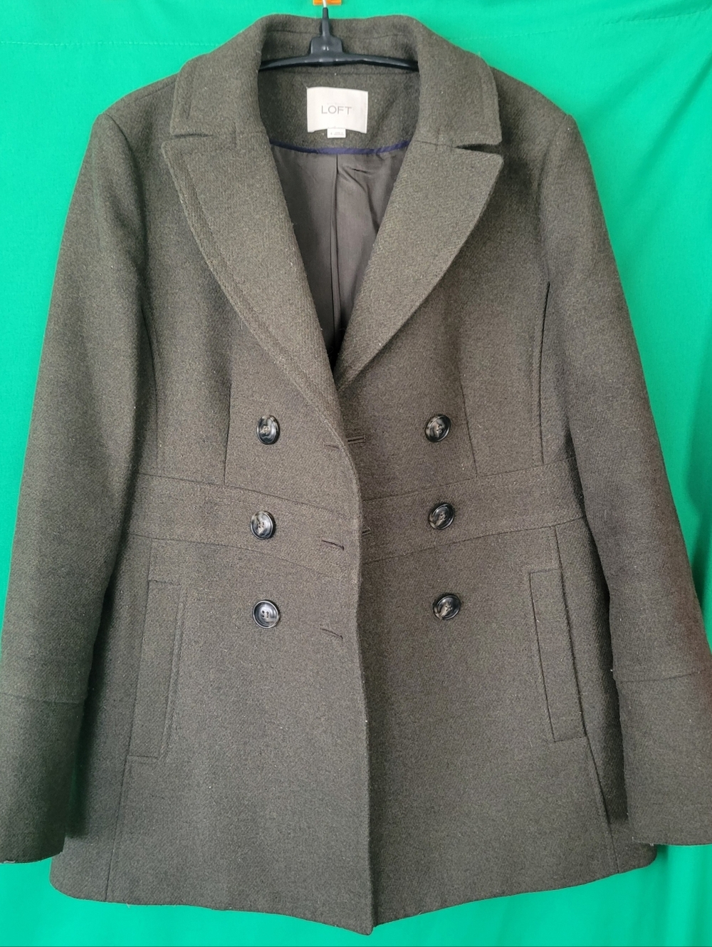 LOFT Olive Double-Breasted Peacoat Women Sz 4 Ann Taylor Loft Blazer Wool Blend